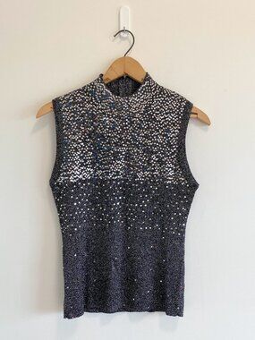 Vintage Sleeveless Mock Neck Top w/ Glitter + Sequins / Y2K